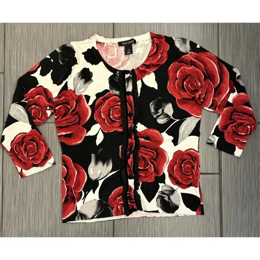 White House Black Market Bold Red Rose Patterned Cardigan Ruffle Size Small